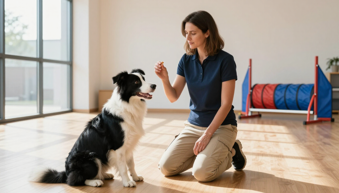 Instructor canino trabajando con un perro joven