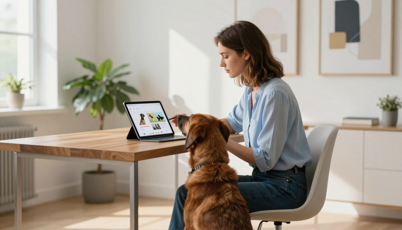 Estudiante de adiestramiento usando una tablet junto a su perro