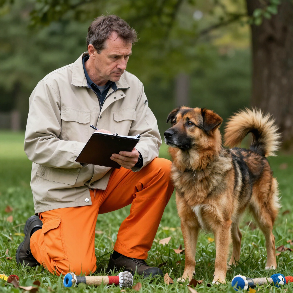 Perito judicial canino evaluando bienestar animal para un caso legal.
