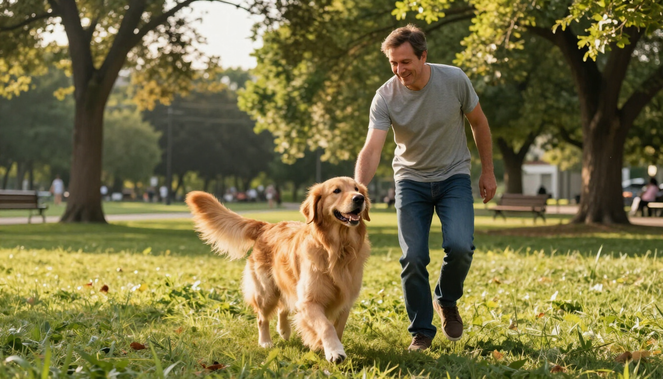 Propietario y perro felices