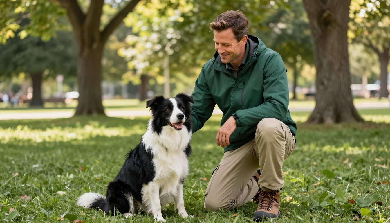 Emprendedor feliz trabajando con un perro