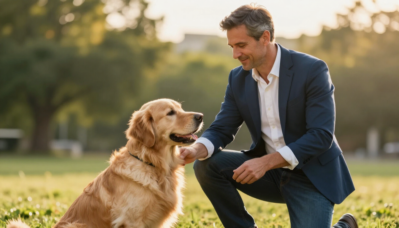 Hombre profesional de 45 años reinventándose como adiestrador canino feliz