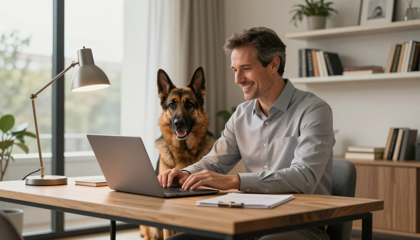 Persona trabajando como adiestrador canino online desde casa con su perro.