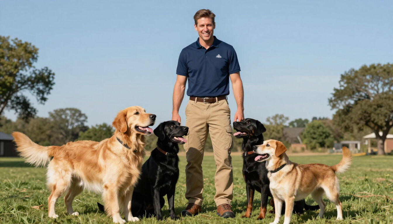 Adiestrador canino profesional sonriendo con un perro