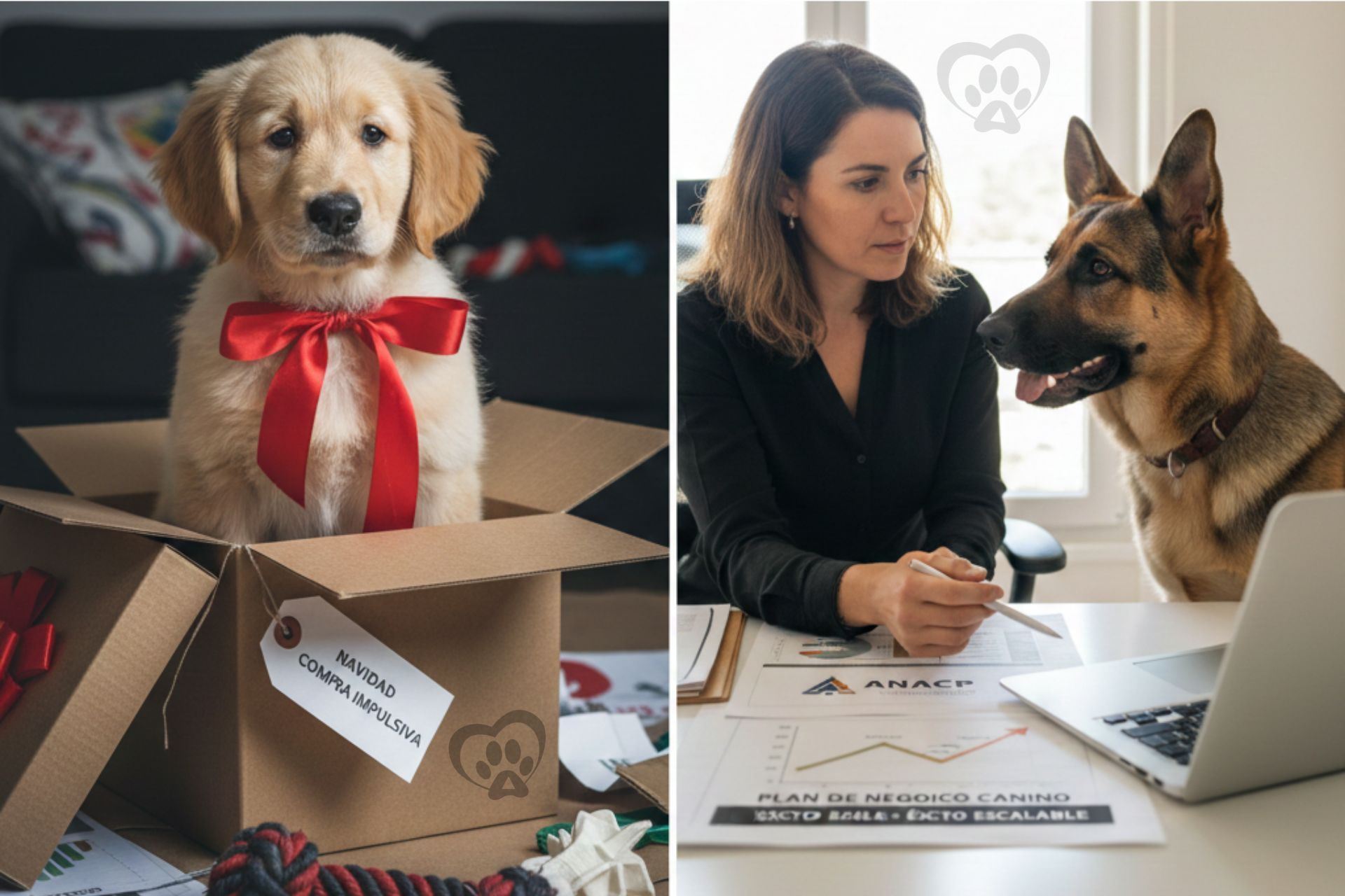 Cachorro golden retriever en caja de regalo con lazo rojo; mujer con pastor alemán en el escritorio de la oficina.