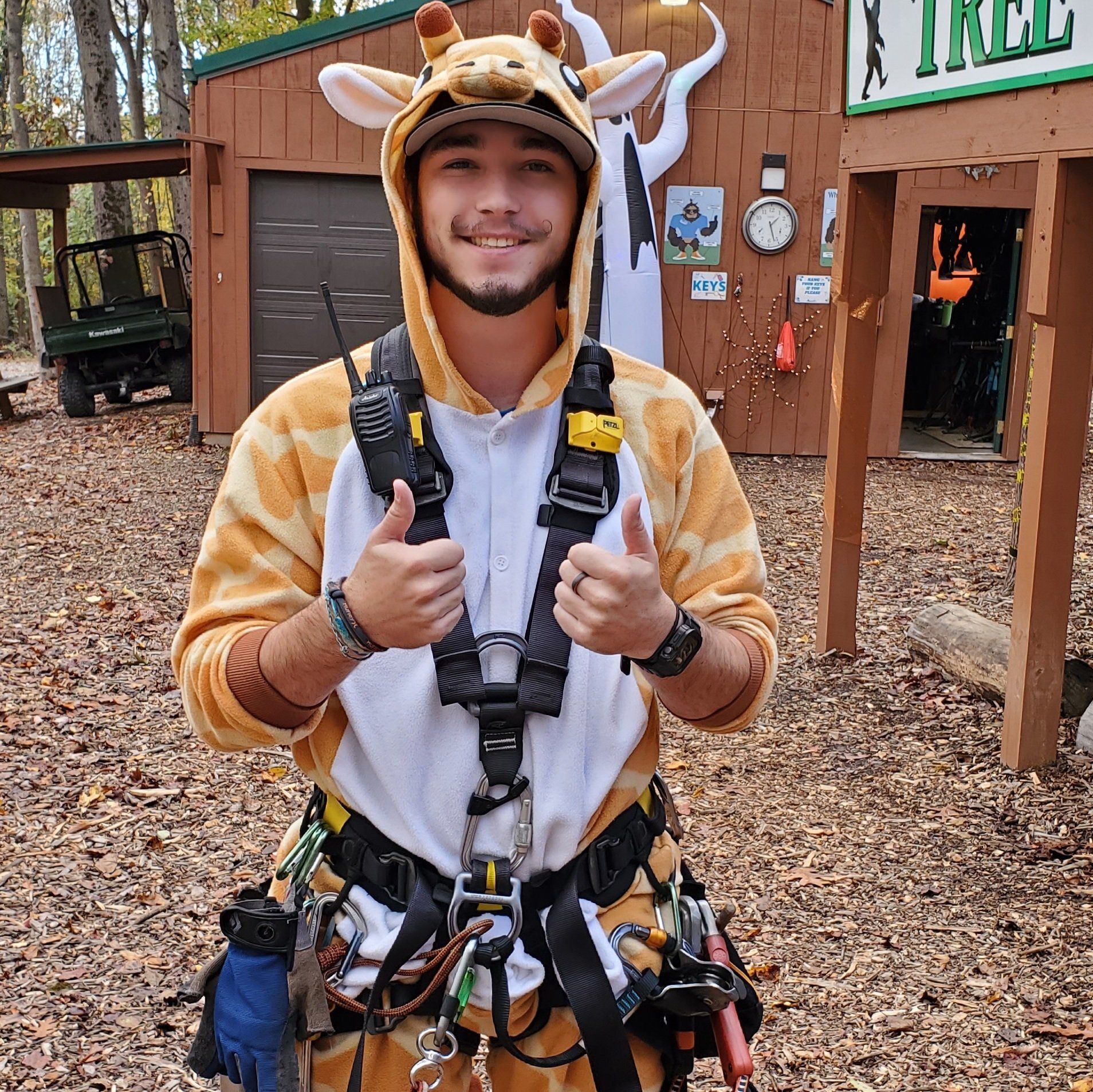 Young adult dressed as giraffe for halloween