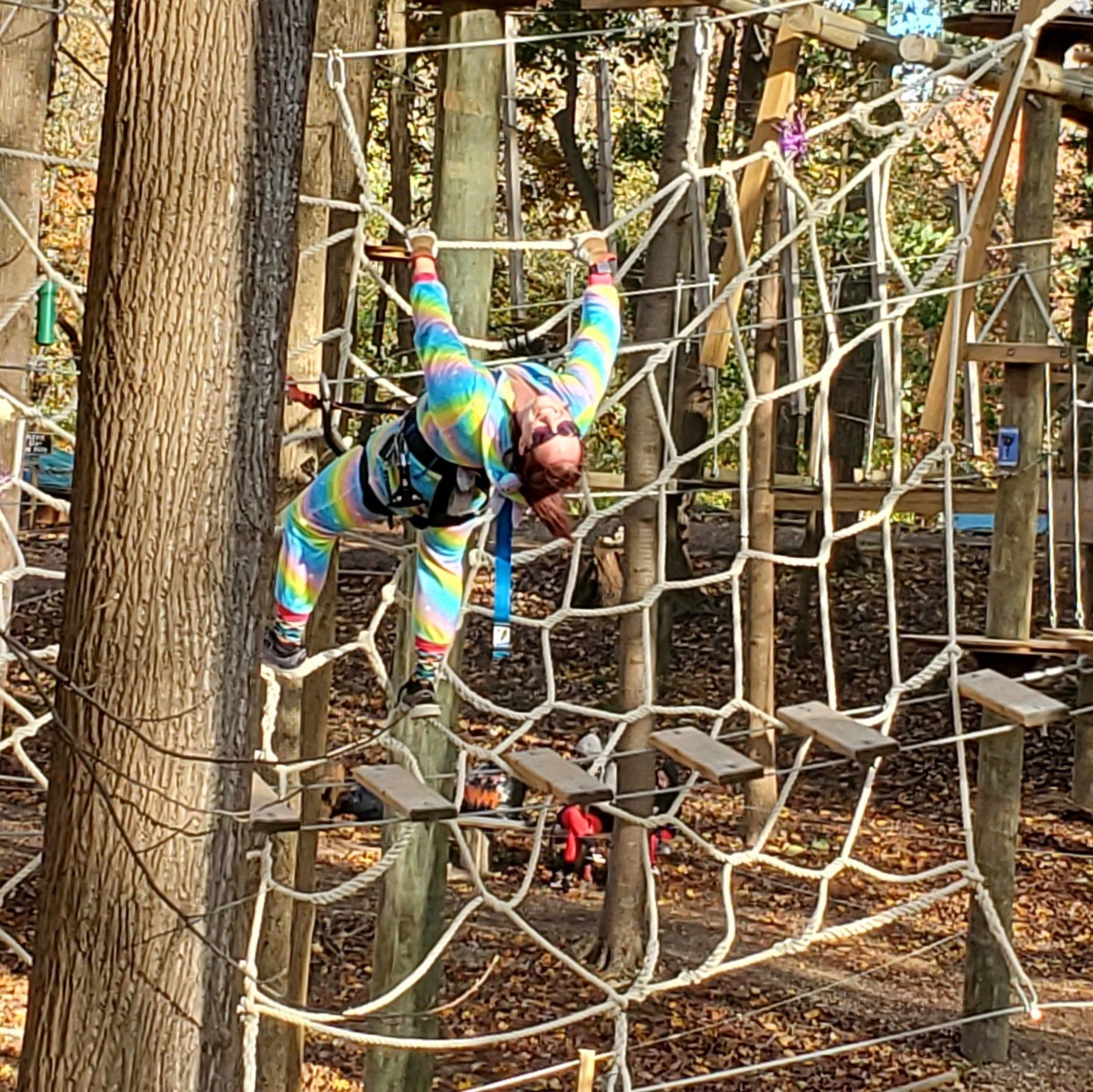 Adult female dressed as unicorn climbing on net for Trek or Treat