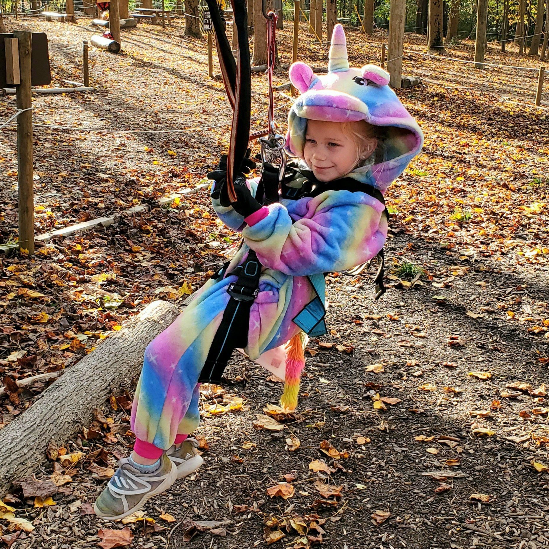 Little girl dressed as unicorn ziplining