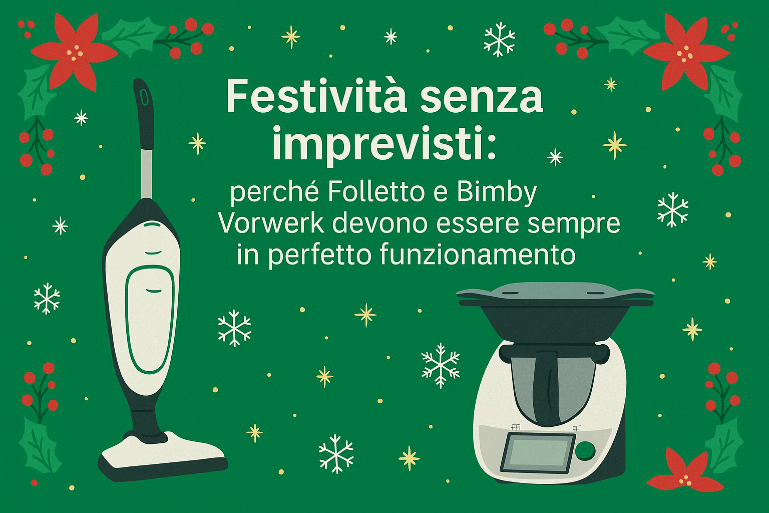 Festività senza imprevisti: aspirapolvere e robot da cucina su sfondo verde natalizio con fiocchi e stelle.