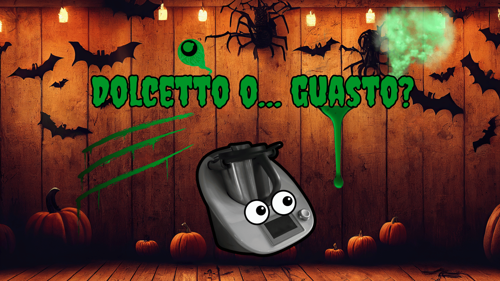 Grafica a tema Halloween con sfondo in legno, pipistrelli, zucche e la scritta