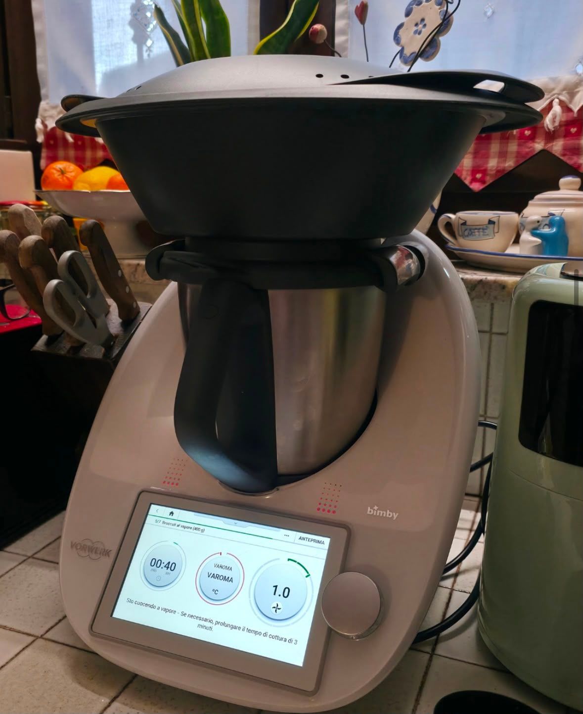 Un elettrodomestico da cucina con schermo touchscreen e piano superiore nero a forma di ciotola, accanto a un vaso verde.