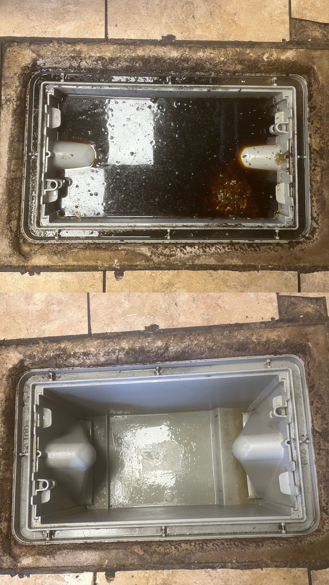Two rectangular floor access covers; top one is dirty, bottom is cleaned.