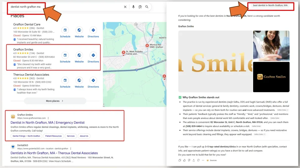 Google and ChatGPT search visibility results for Grafton Smiles in North Grafton, Massachusetts