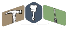 A hammer , paint brush and screwdriver are shown on a white background.