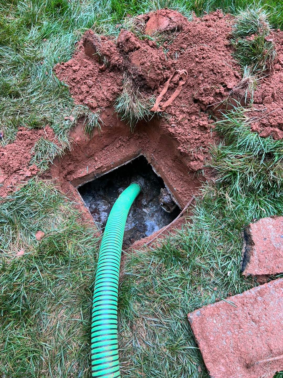 Hole in lawn with green hose extending into it, surrounded by disturbed soil and grass.