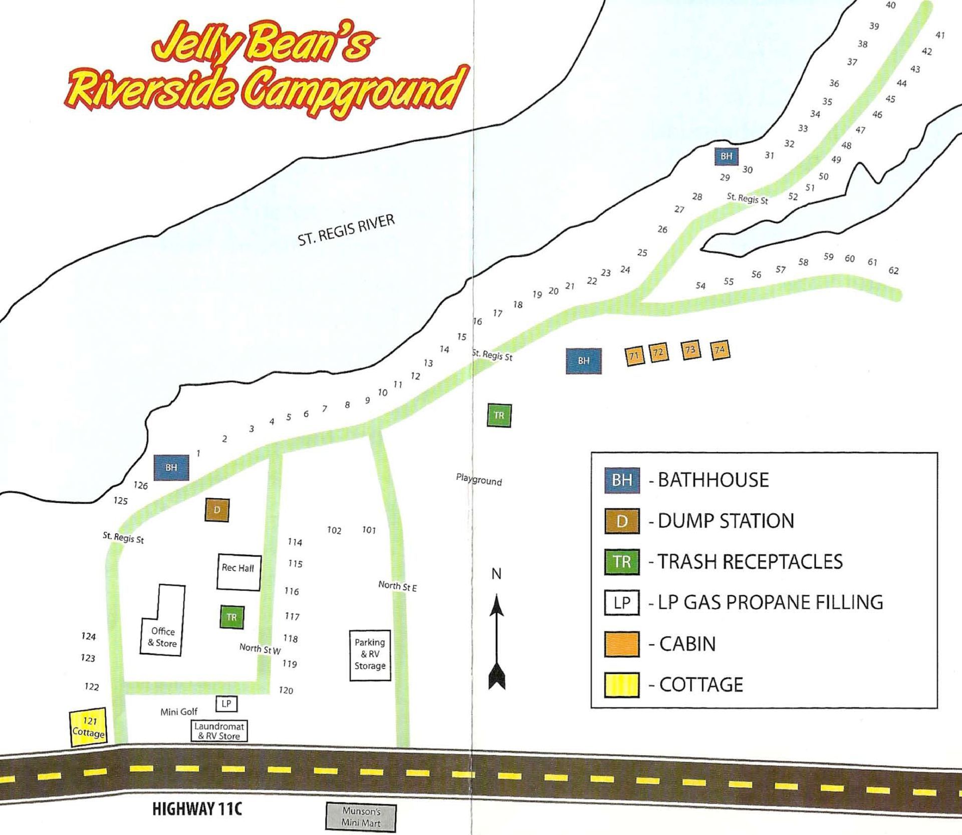 A map of jelly bean 's riverside campground