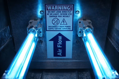 Blue UV lamps inside an air-flow device with warning label and directional arrow.