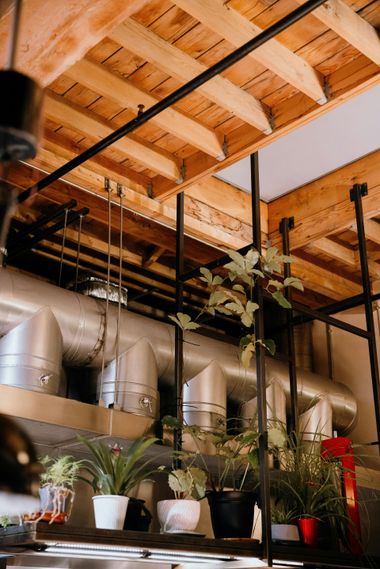 Loft interior with exposed wooden beams, metal ductwork, and potted plants on shelves and floor.