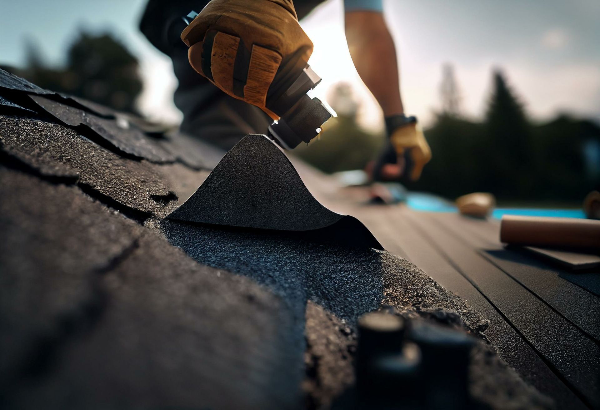 A man is installing shingles on a roof.