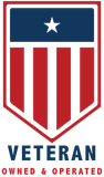 A shield logo with a blue top section containing a white star and red and white vertical stripes below, with