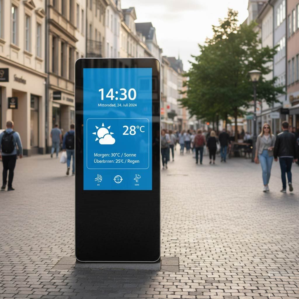 Eine schwarze digitale Stele, die Wetterinformationen und die Uhrzeit anzeigt, befindet sich in einer Fußgängerzone