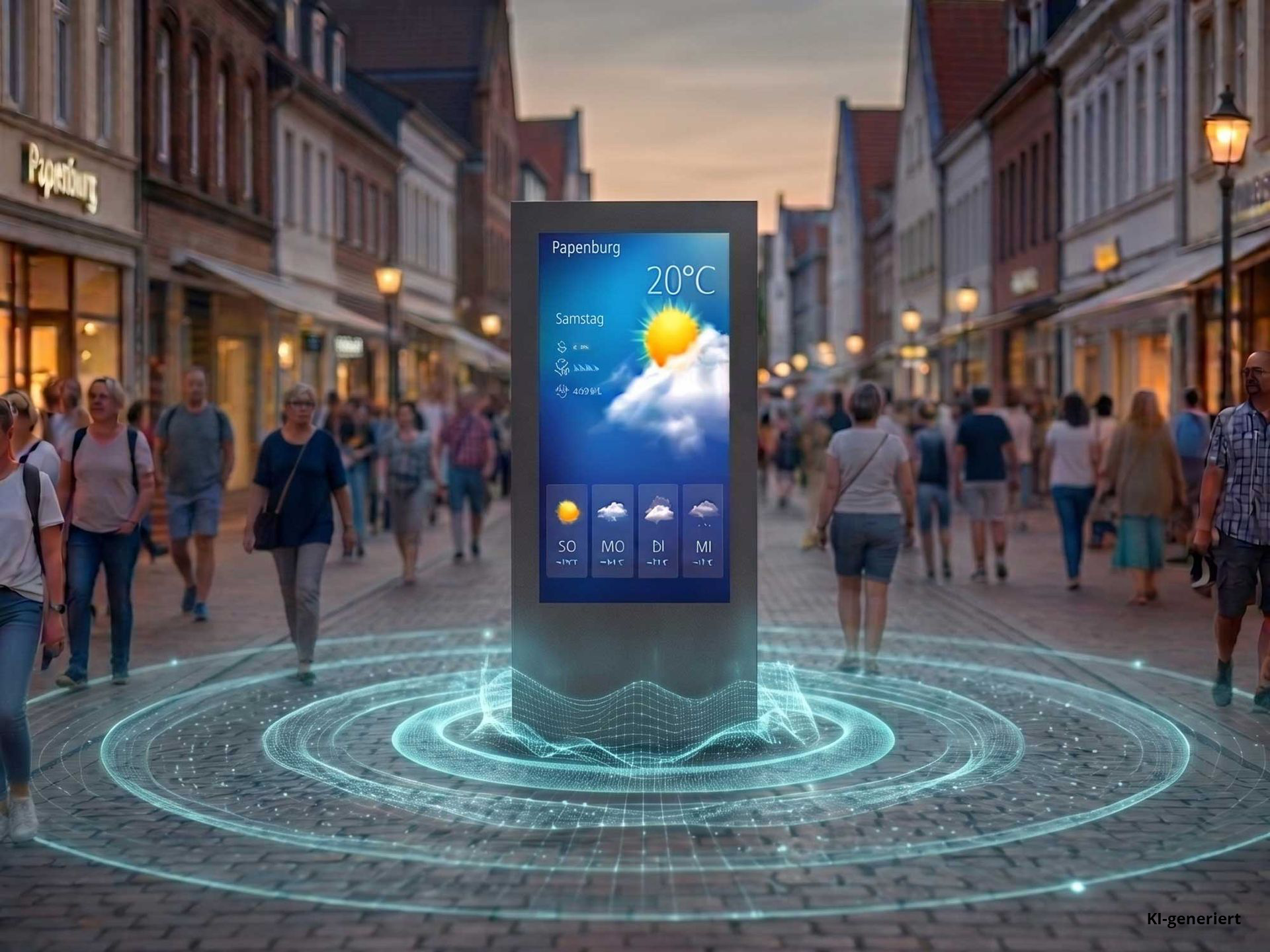 Smartphone-style weather display glowing on a city street with pedestrians in the background
