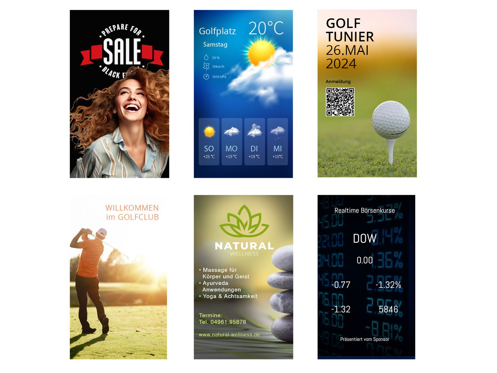 Sechs Werbebilder: Ausverkauf, Wetter, Golfturnier, Golfer, Naturheilbad und Börse.