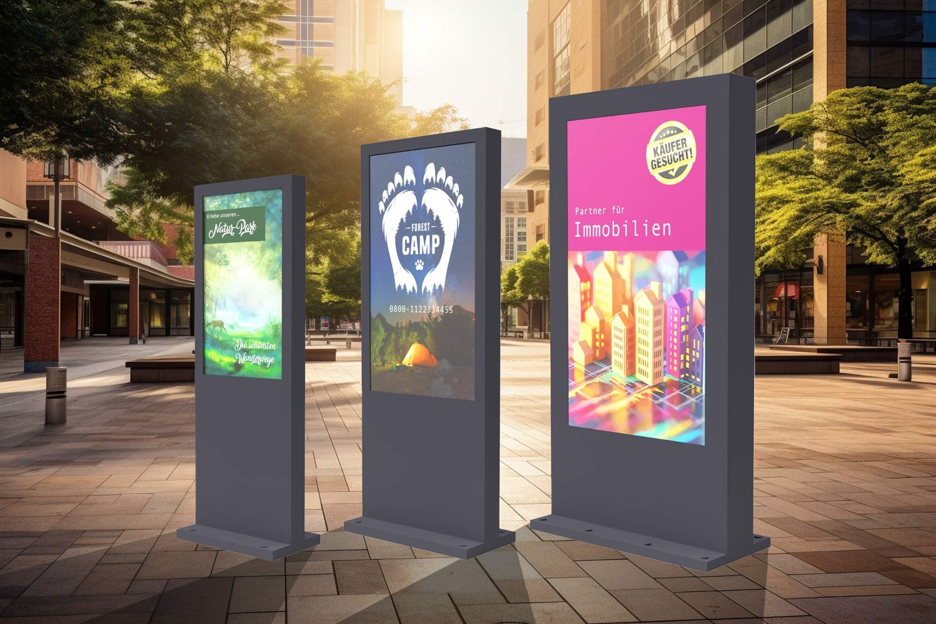 drei Outdoor Stelen auf einem Stadtplatz