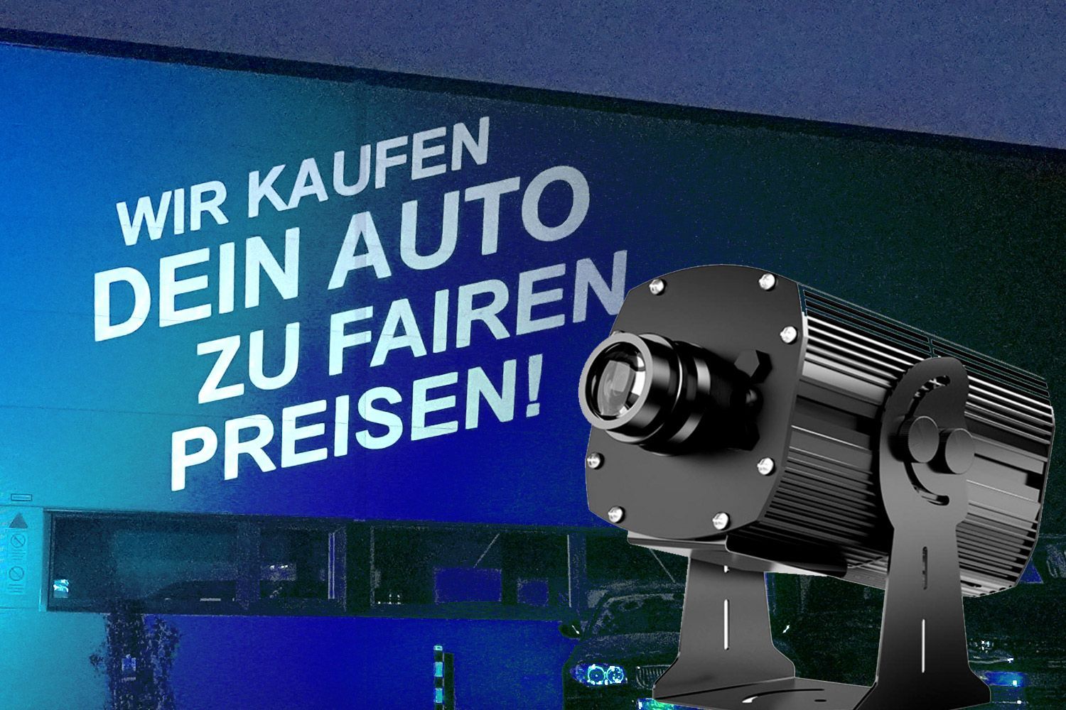 Deutsche Anzeige: „Wir kaufen Ihr Auto zu fairen Preisen“ neben einem kameraförmigen Gerät vor blauem Hintergrund