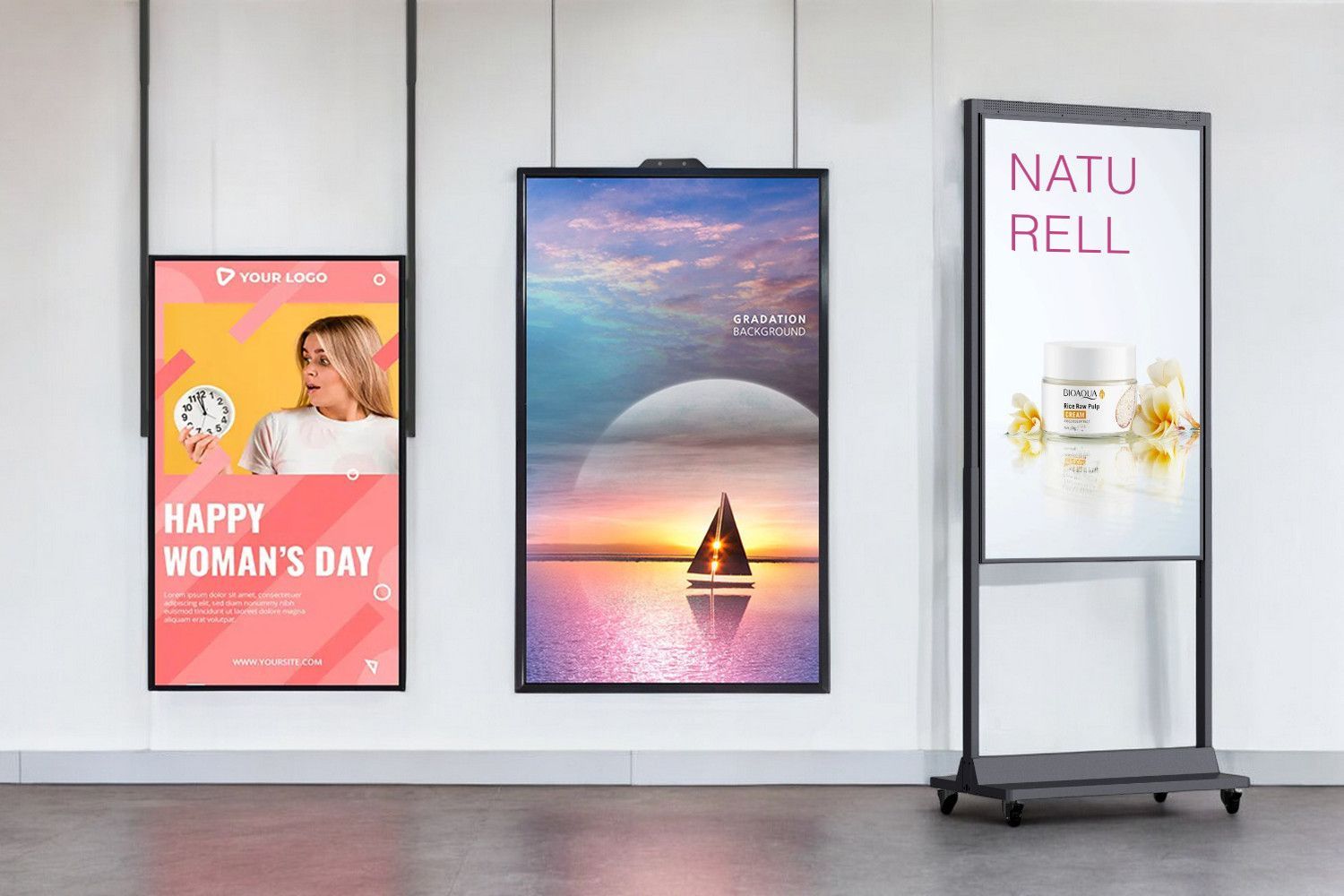 Digitale Schaufensterwerbung nebeneinander