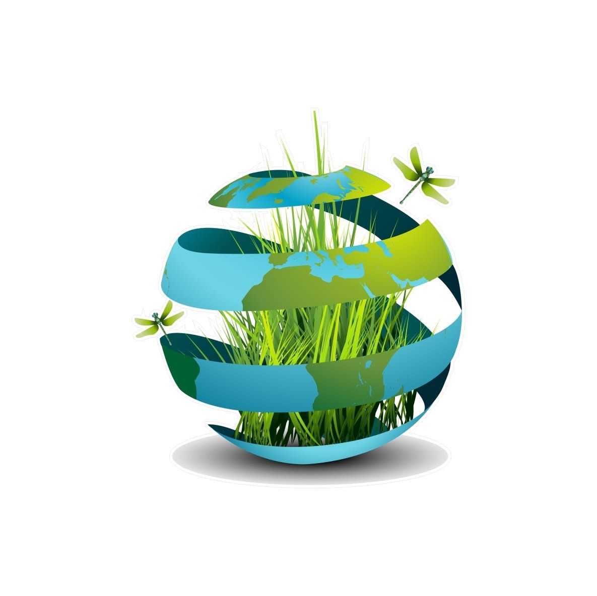 Globe with blue and green ribbons, filled with grass and dragonflies.