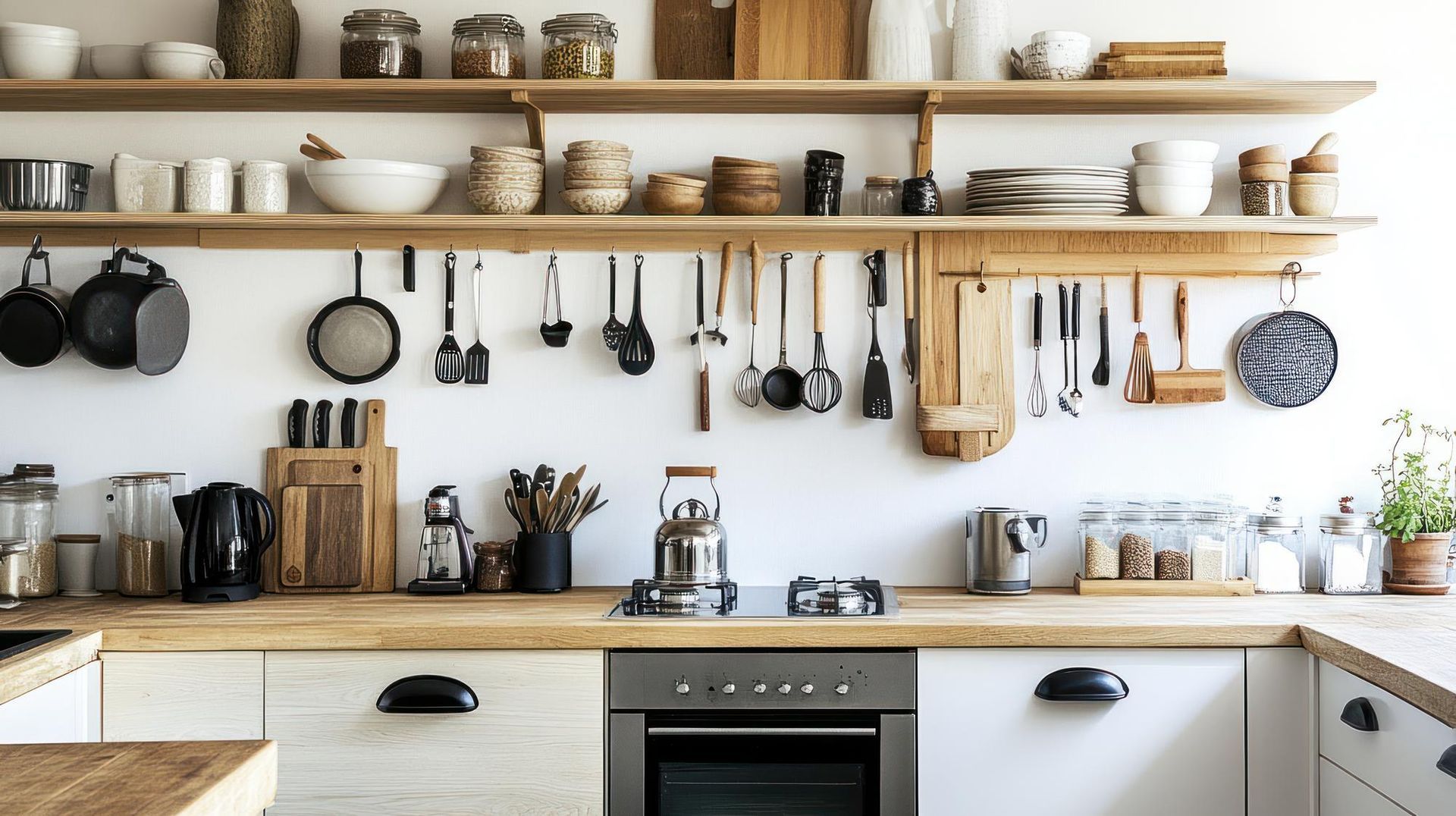 A kitchen with a lot of utensils hanging on the wall.