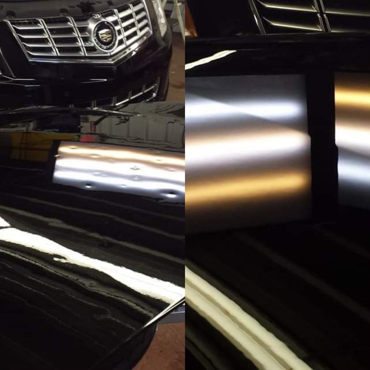 A black cadillac is shown before and after being repaired