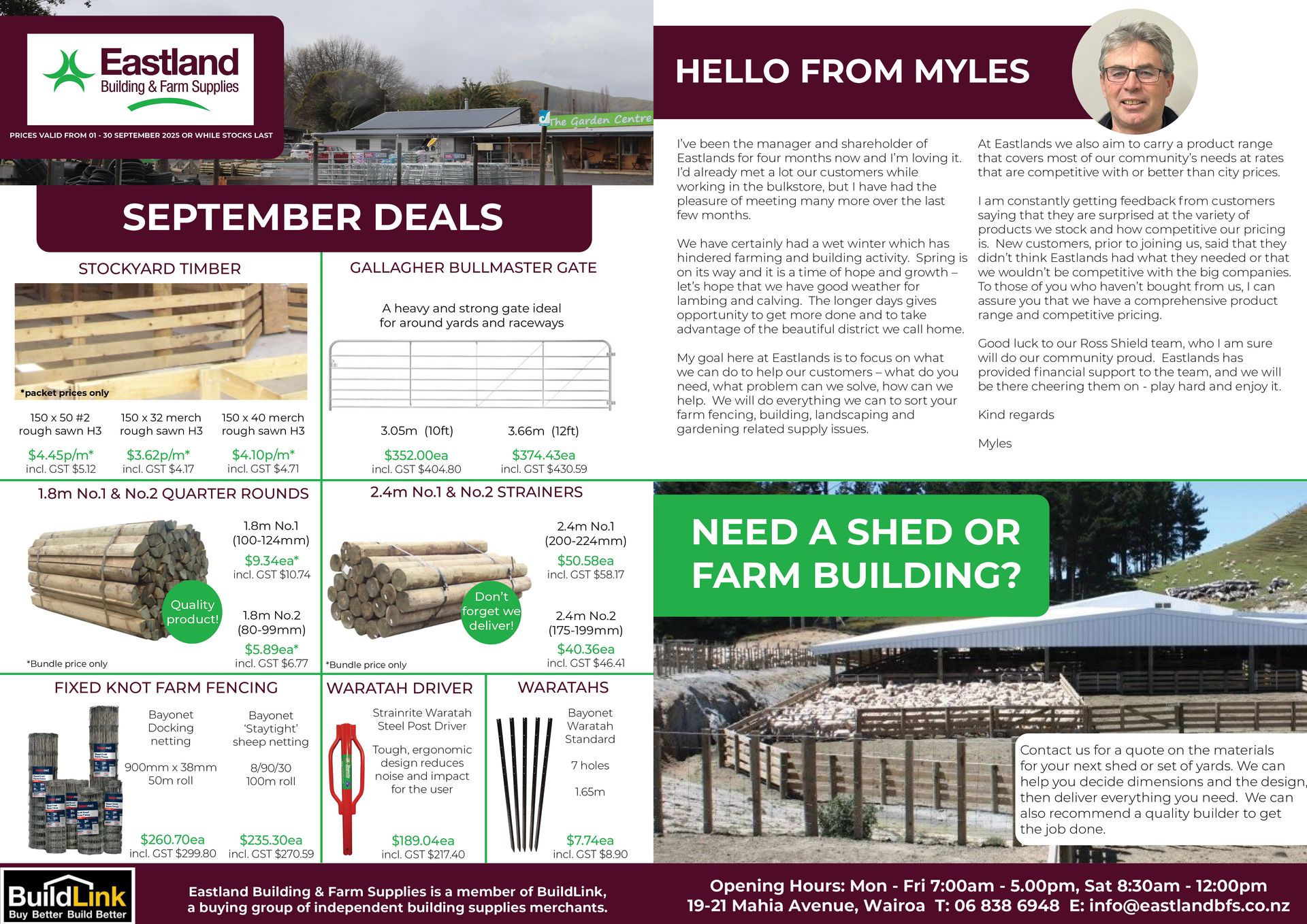 A flyer for Eastland Farm Supplies listing September hardware and fencing deals with contact details and business hours.