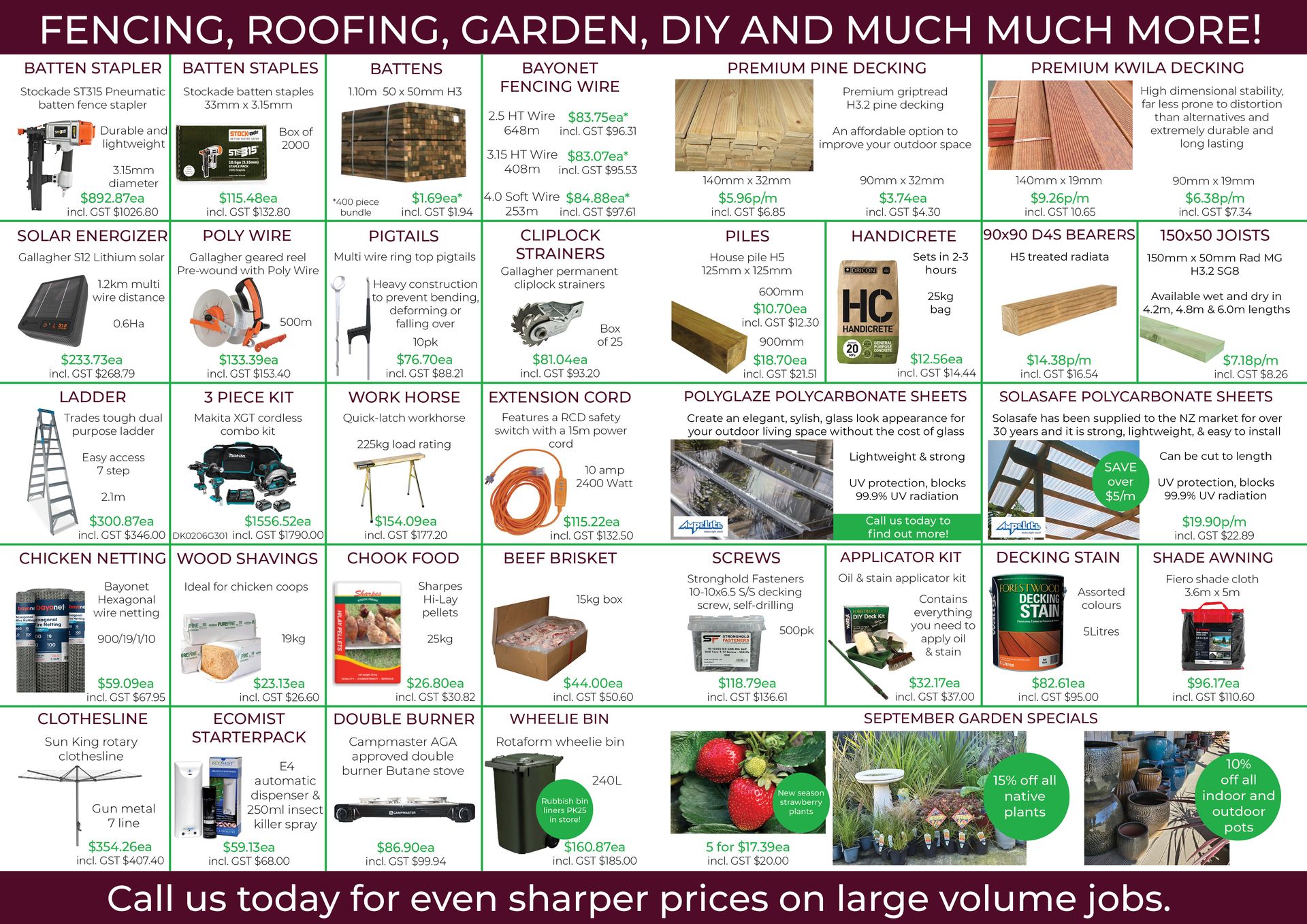 Product catalog grid showing fencing, roofing, and gardening tools with prices and descriptions for each item.