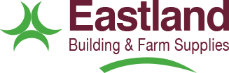 Logo for Eastland Building & Farm Supplies with maroon text and a green abstract symbol on a white background.