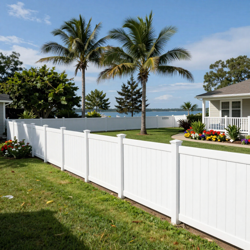 White fence along a green lawn with palm trees, a house porch, and water in the background