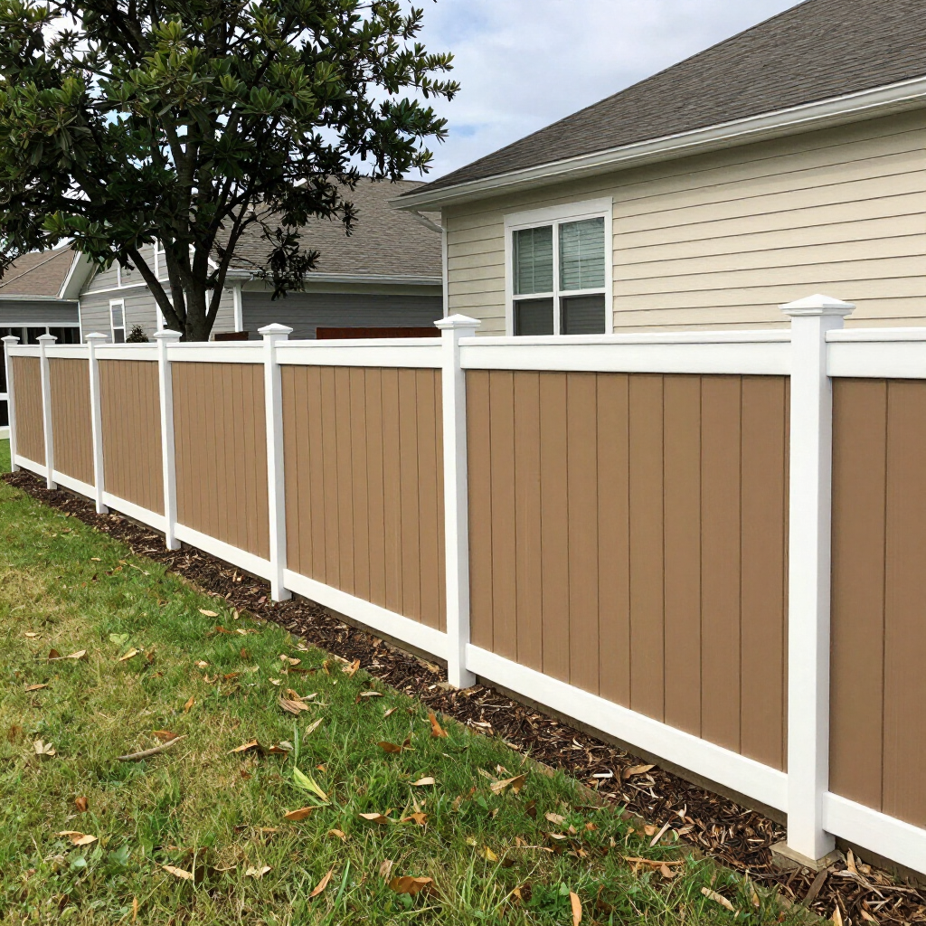 Tan and white vinyl privacy fence along a grassy yard beside a beige house