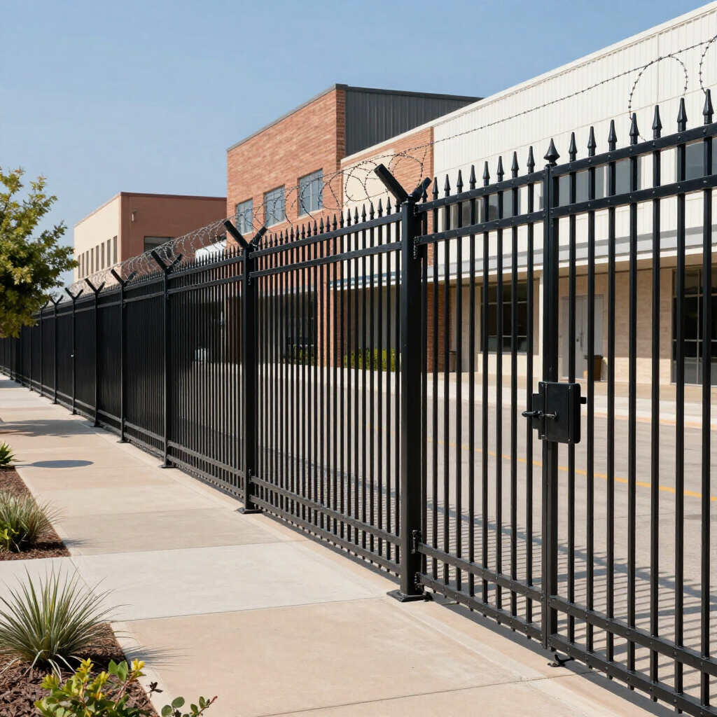Black metal fence along a sidewalk beside a brick school building on a sunny day
