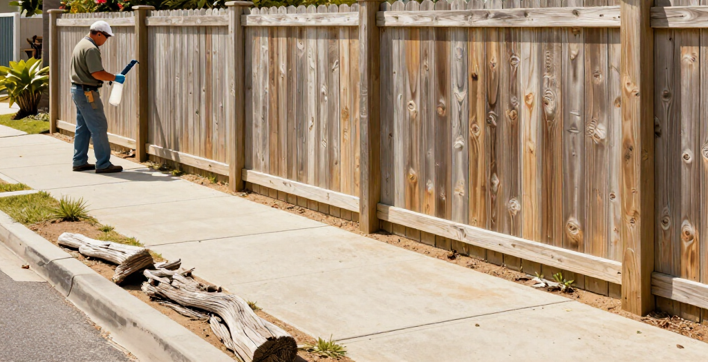 Worker using a shovel beside a wooden fence on a sunny sidewalk, cleaning debris near the curb
