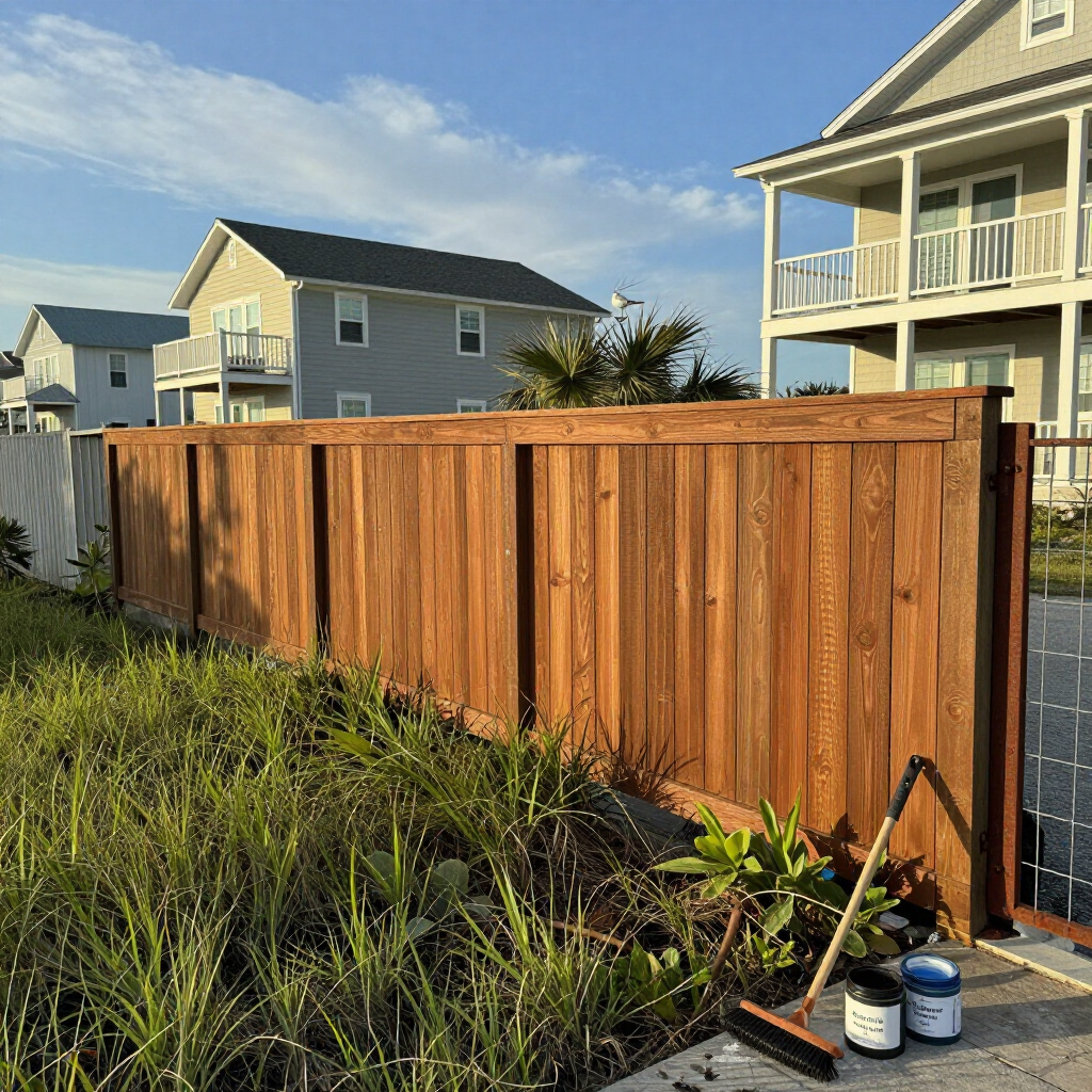 Wooden privacy fence along a grassy lot beside coastal houses at sunset