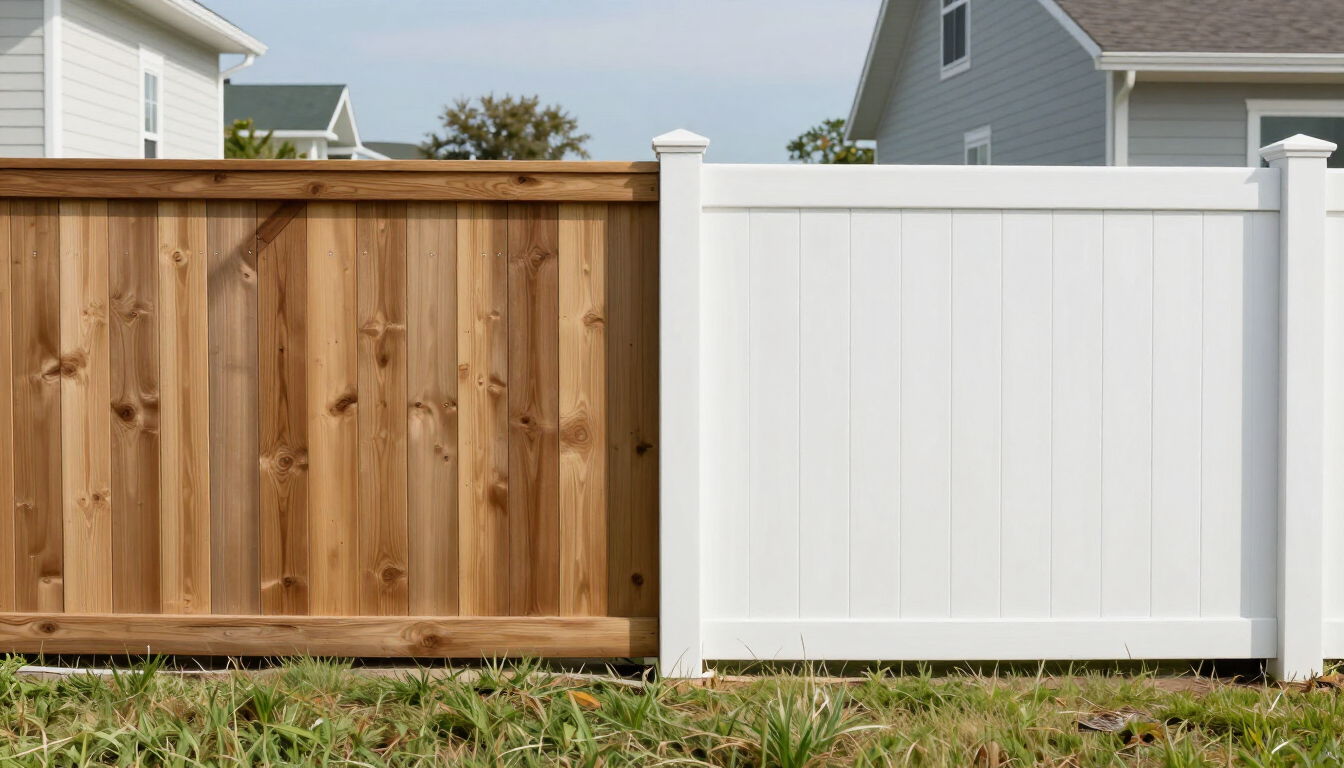 Wood and white vinyl backyard fences side by side with grass in front and houses behind