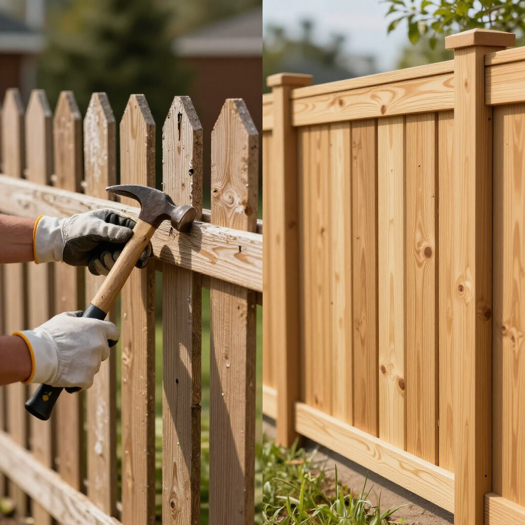 Hands using a hammer to repair a wooden fence beside a new privacy fence