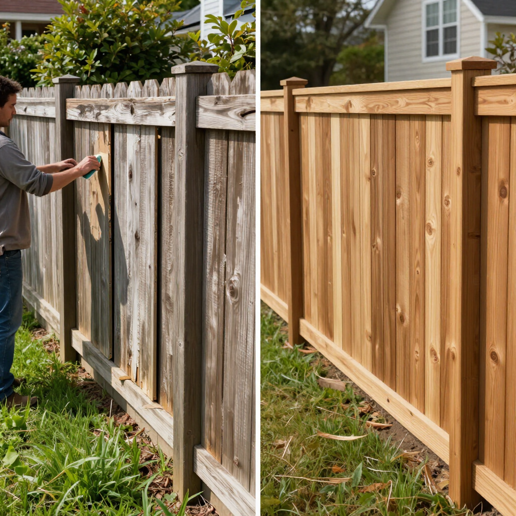 Before-and-after of a wooden fence: weathered gray fence being stained to a warm natural finish.