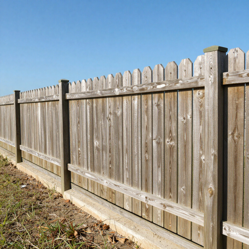 Weathered wooden fence along a dirt edge under a clear blue sky.