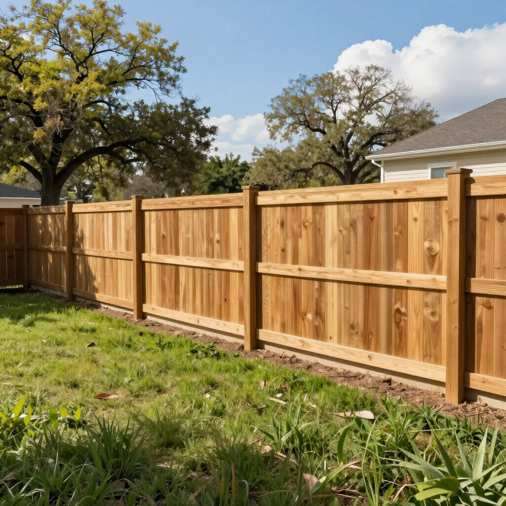 Wooden backyard fence beside a grassy lawn under a blue sky with trees and clouds