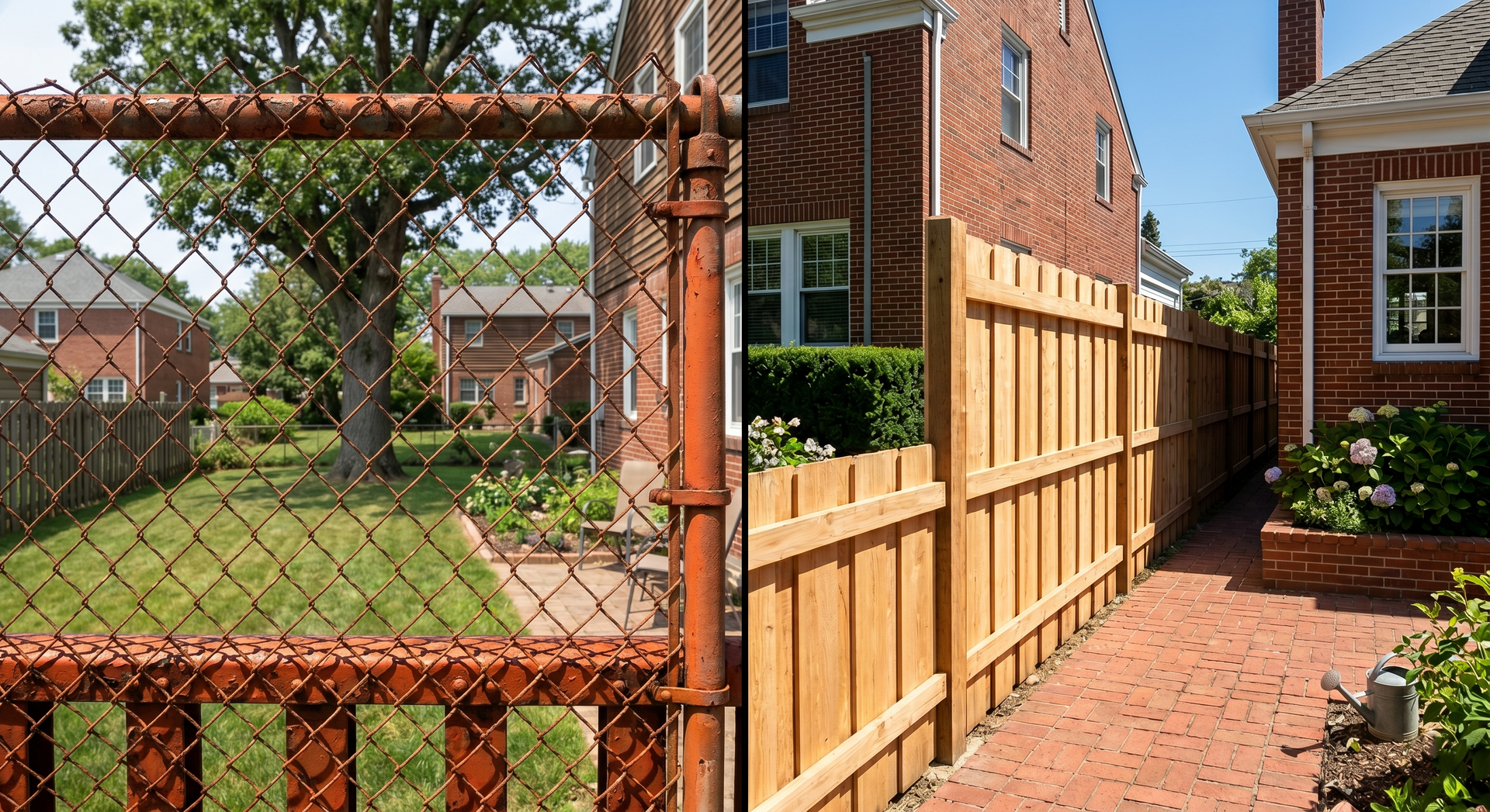 Backyard with a chain-link fence beside a wooden privacy fence and brick patio between houses