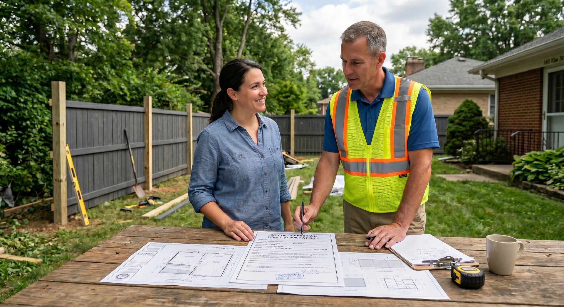 Two people review house plans on a table in a backyard, one in a reflective safety vest.