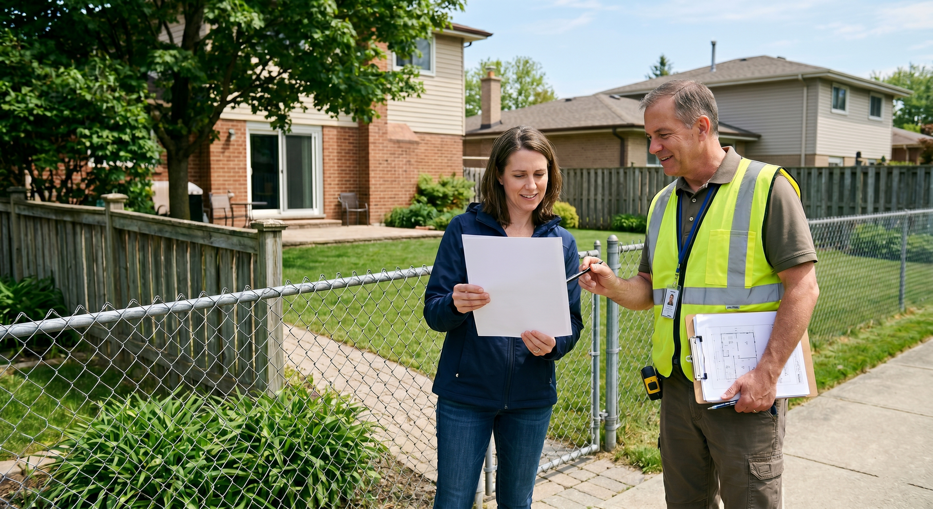 Two workers discussing plans outside a house, one holding papers and one in a safety vest.