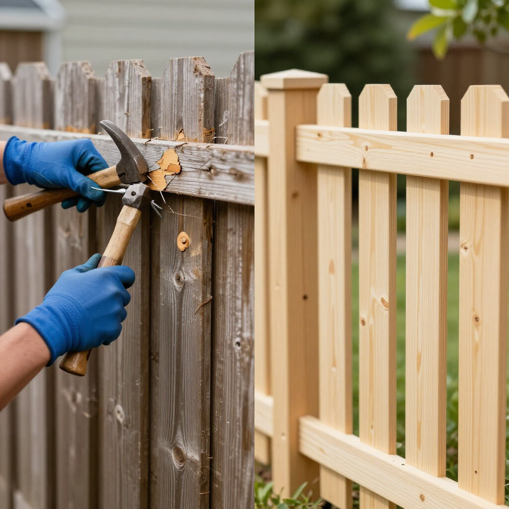 Hands using pliers and a hammer to repair a weathered wooden fence beside a new fence panel